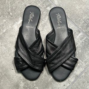 black vegan leather flat sandals